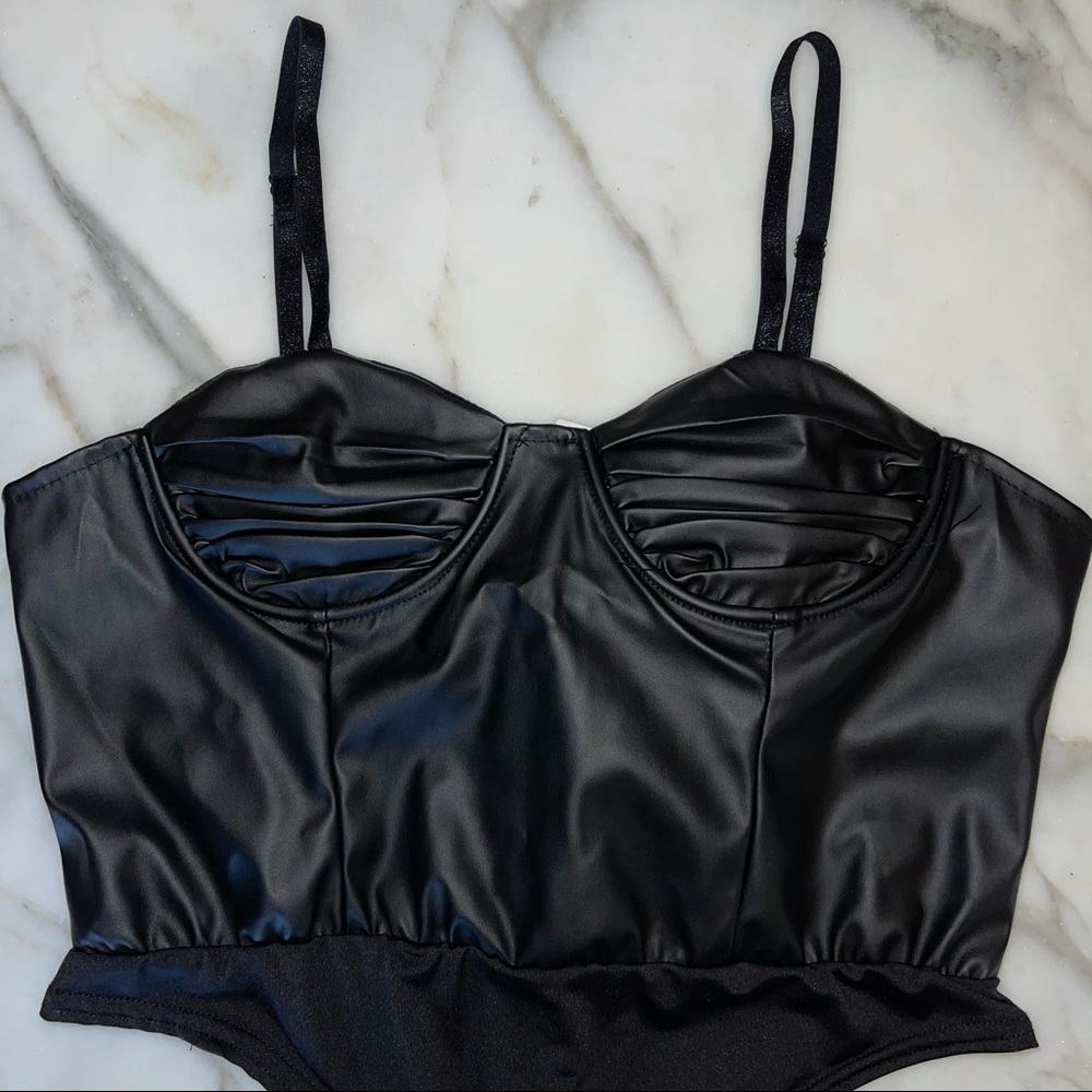 Black Faux Leather Bodysuit - Picture 3 of 11